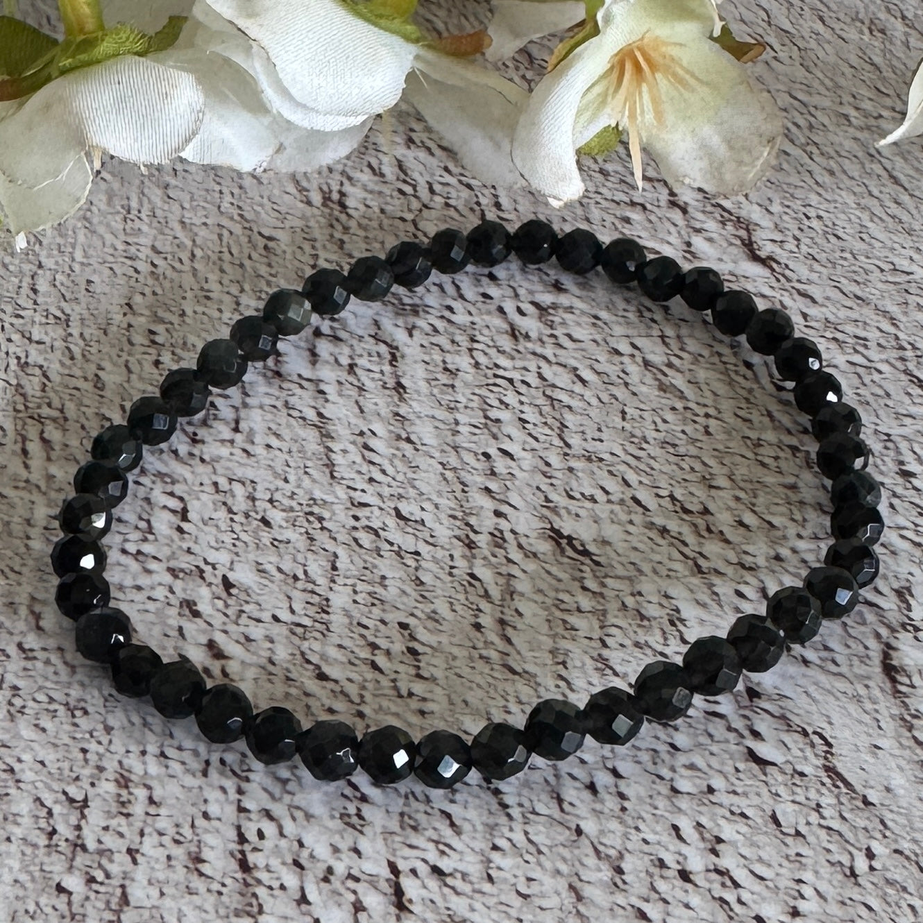 Black Obsidian Faceted Bead Bracelet 4mm