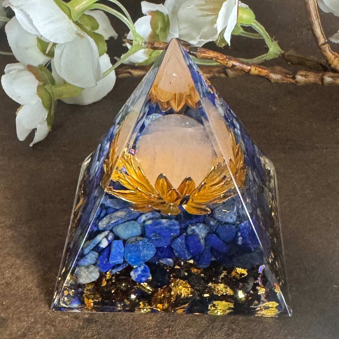 Orgonite Pyramid Lapis Lazuli & Rose Quartz Sphere with Metal Lotus Flower