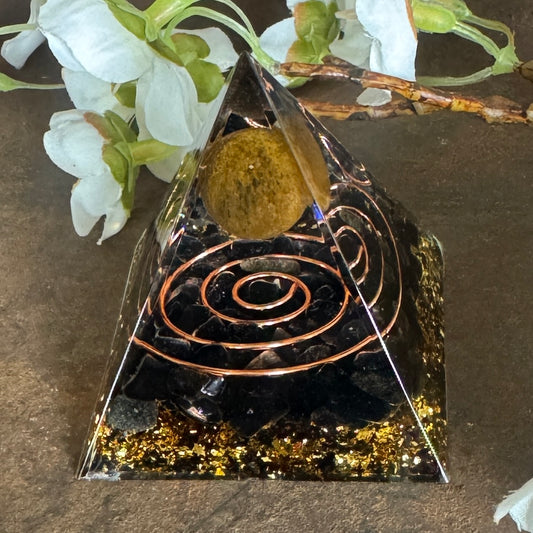 Orgonite Pyramid Obsidian & Tiger's Eye Sphere with Copper Spiral