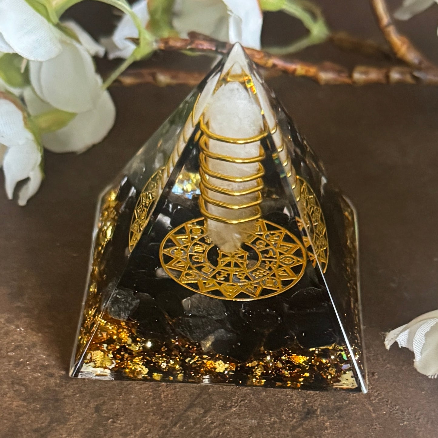 Orgonite Pyramid Obsidian With Clear Quartz Crystal  Double Point wrapped in metal