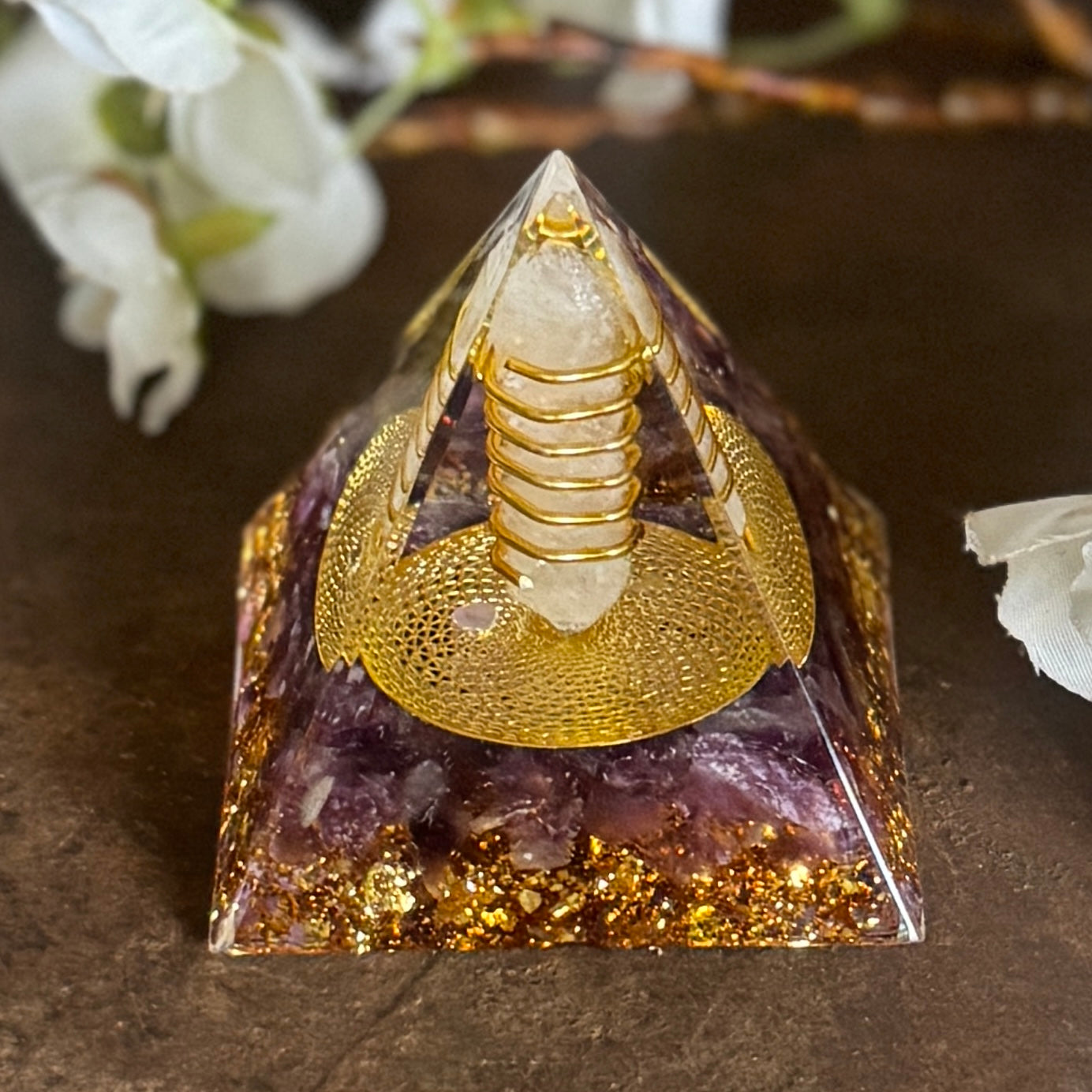 Orgonite Pyramid Amethyst With Clear Quartz Crystal  Double Point wrapped in metal