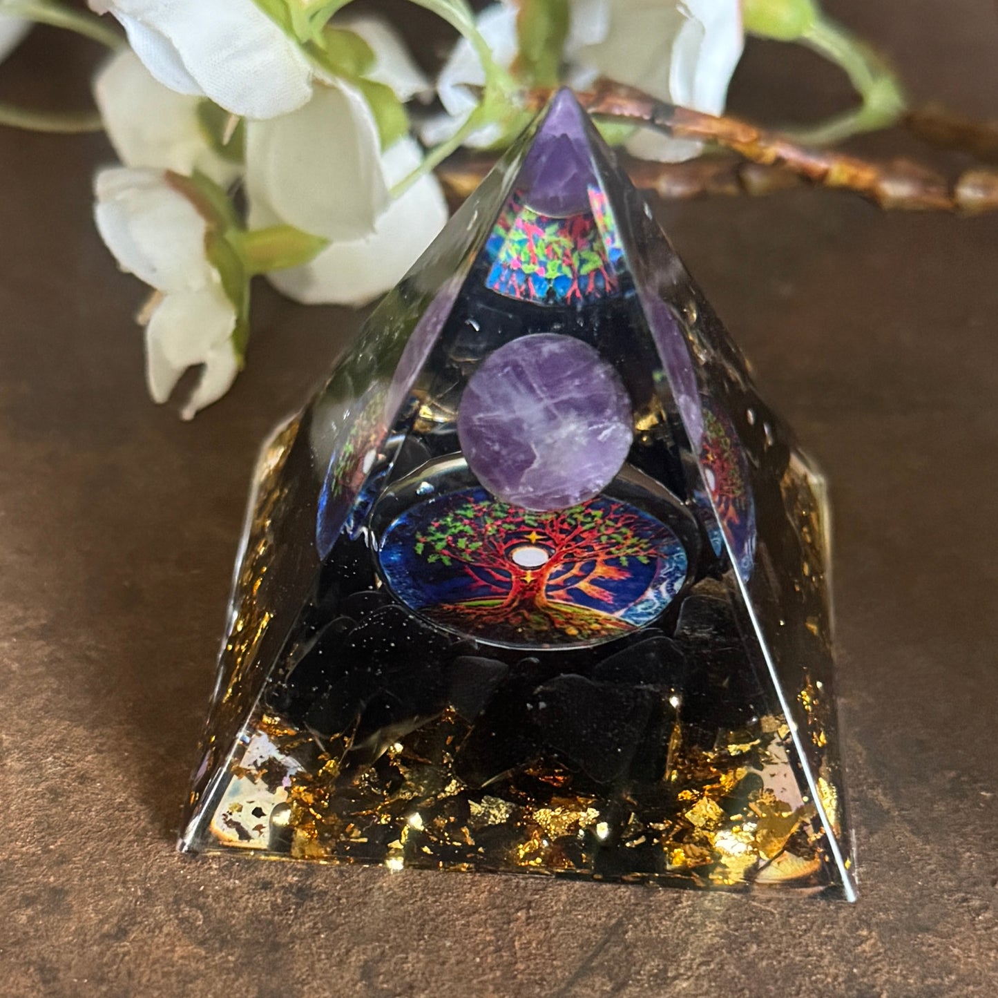 Orgonite Pyramid Obsidian & Amethyst Sphere with Tree of Life