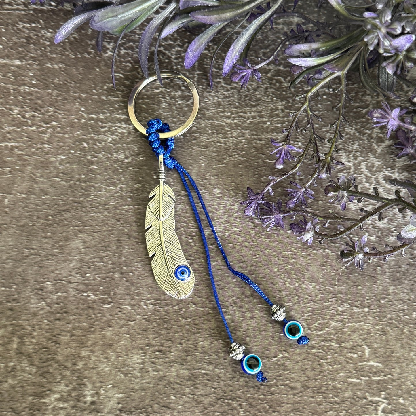 Feather with Evil Eye Keychain