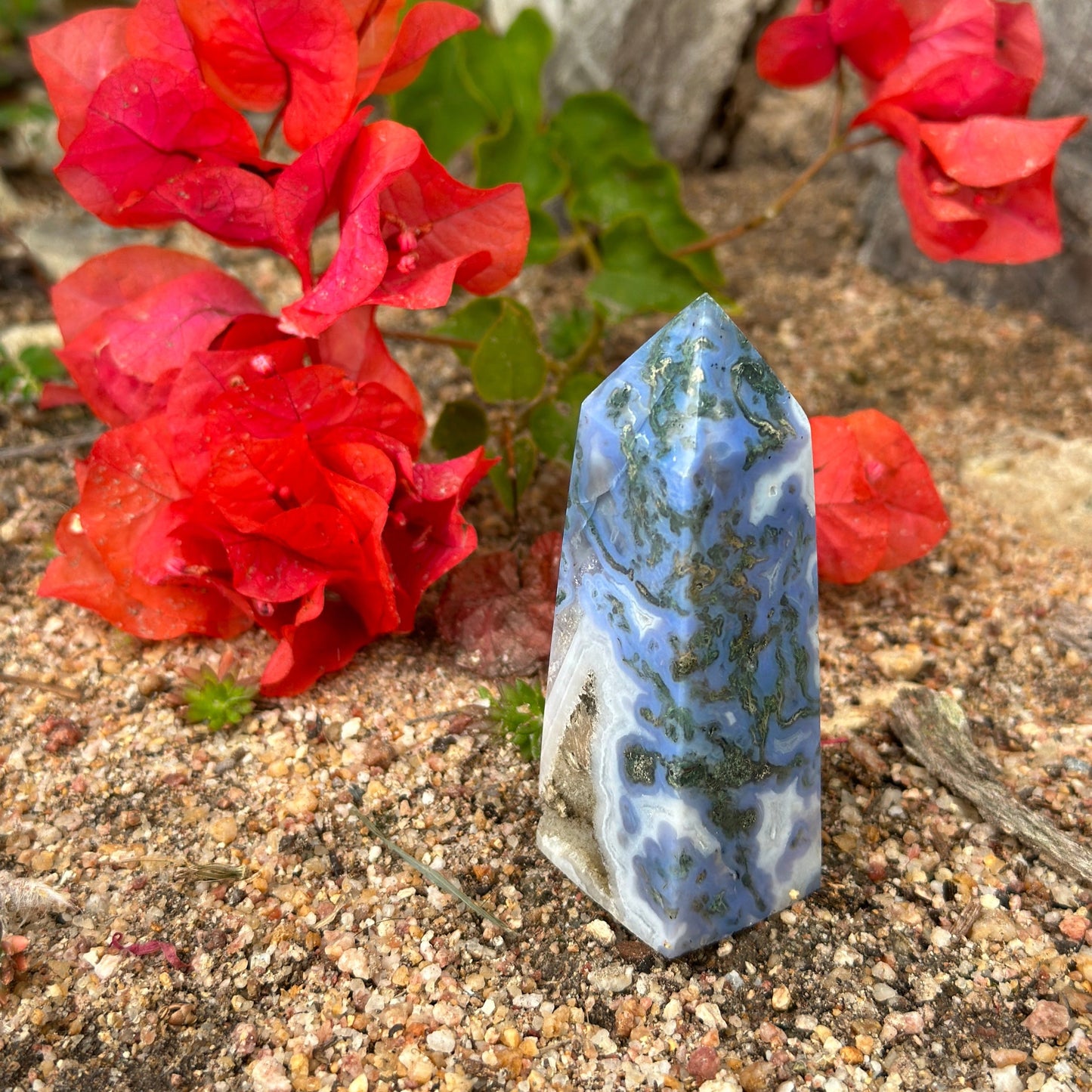 Blue Moss Agate Four Sided Tower