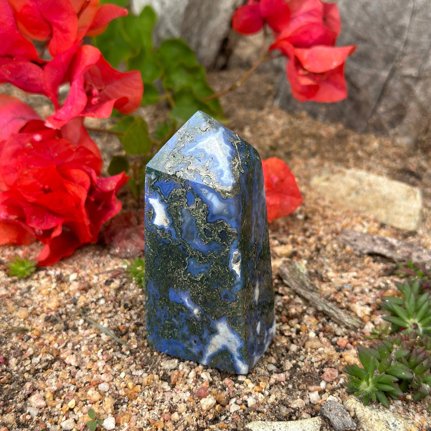 Blue Moss Agate Four Sided Tower