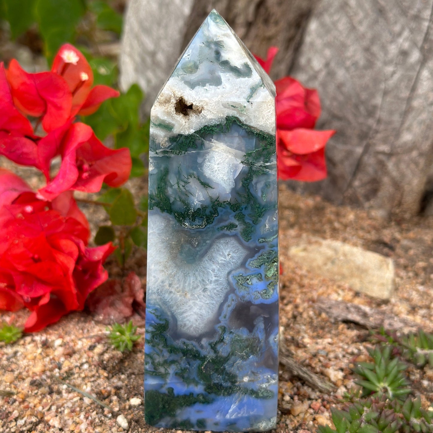 Blue Moss Agate Four Sided Tower