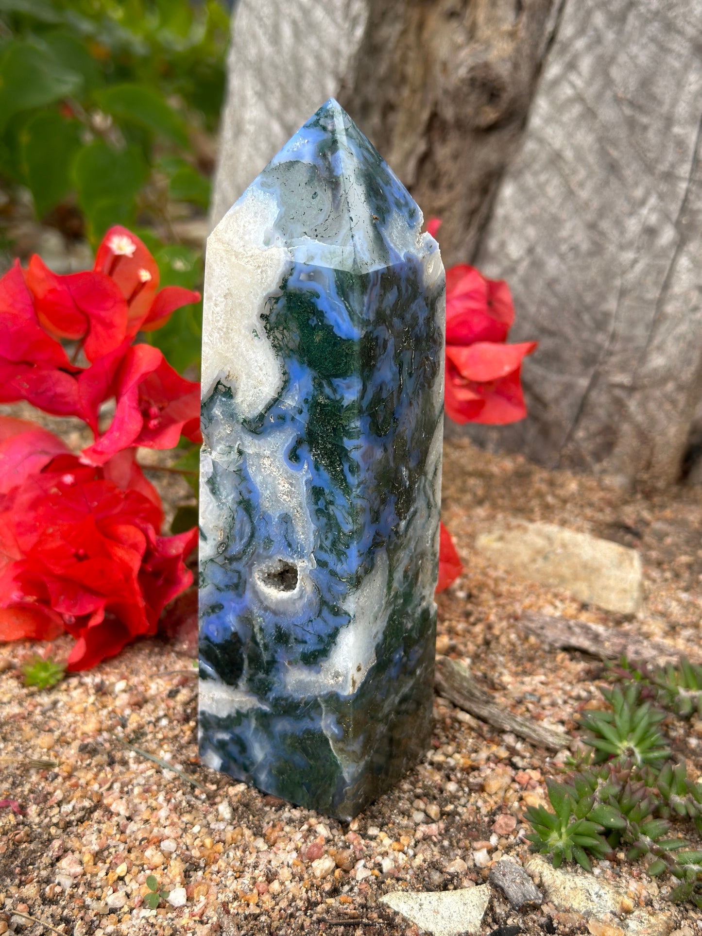 Blue Moss Agate Four Sided Tower