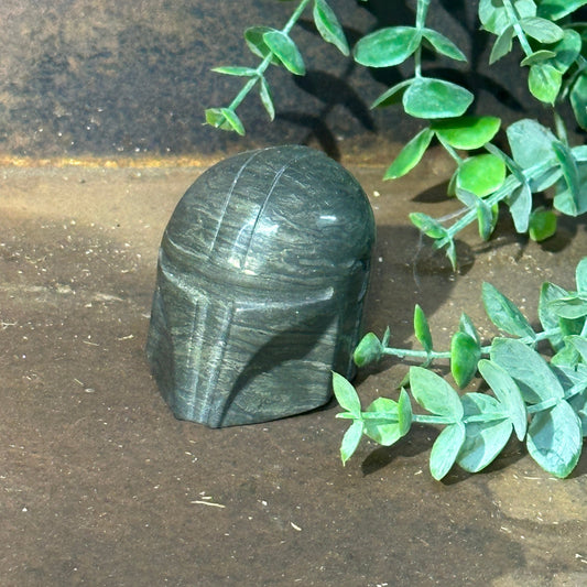 Star Wars Inspired Pyrite Carved Crystal Mandalorian Helmet