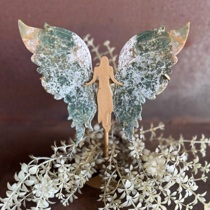 Moss Agate Large Crystal Wings on Angel Stand – Grounding, Good Luck & Spiritual Healing