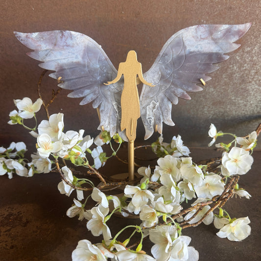 Moss Agate Crystal Wings on Angel Stand – Grounding, Spiritual Healing & Angelic Protection (E)