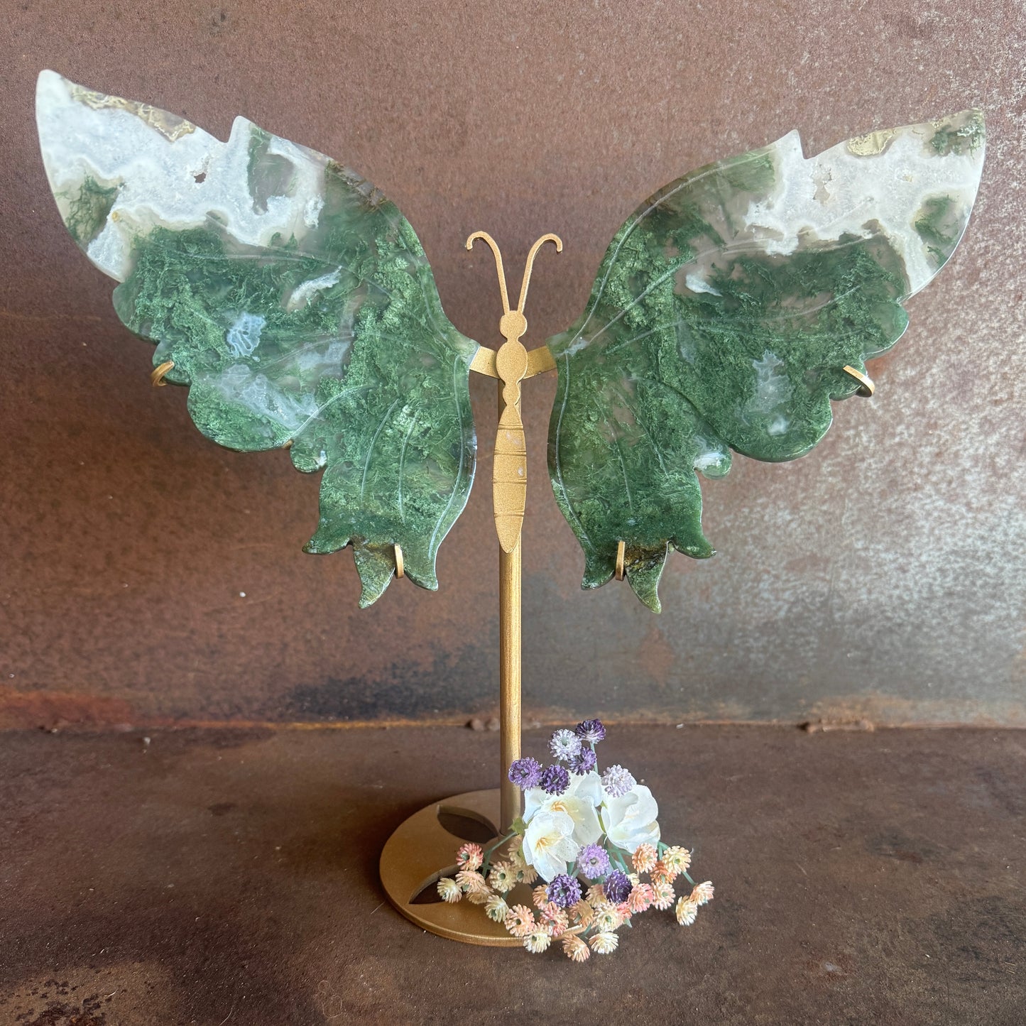 Moss Agate Crystal Wings with Butterfly Stand – Symbol of Protection & New Beginnings