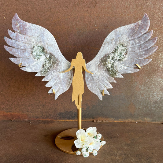 Moss Agate Large Crystal Wings with Angel Stand – Grounding, Good Luck & Spiritual Healing