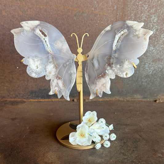 Black Flower Agate Crystal Wings on Butterfly Stand