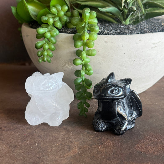 Toothless & Light Fury Crystal Dragon Set – Obsidian & Clear Quartz Fantasy Crystal Carvings for Protection, Intuition & Balance