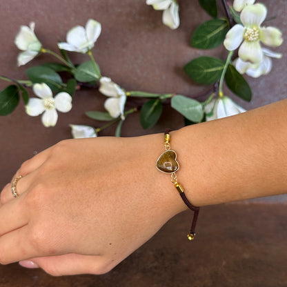 Bohemian Adjustable Love Heart Tigers Eye Crystal Bracelet. Single Bracelet or Paired with 4mm Stretch Tigers Eye Crystal Beaded Bracelet