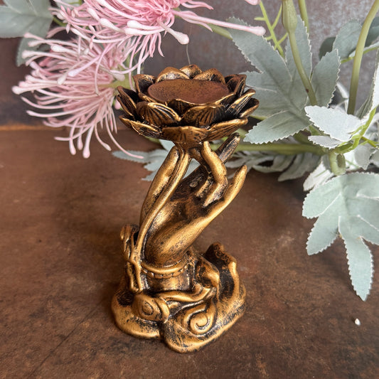 Hand Holding Lotus Sphere Holder – 12cm Crystal Sphere Stand in Wood, Silver & Gold