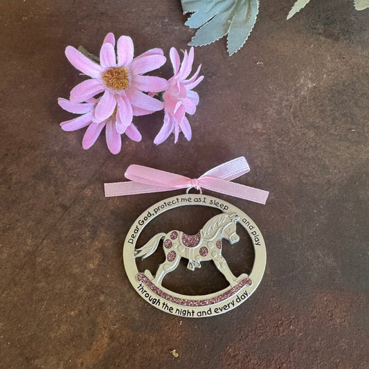 Sparkling Crib Medal – “Dear God Protect Me” Rocking Horse Design (Pink or Blue)