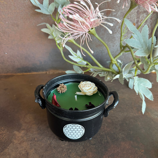 Amber Patchouli Flower of Life Cauldron Candle – Grounding, Cleansing & Sacred Energy (326g)