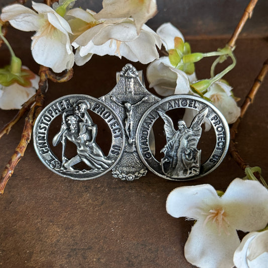 St Christopher, Christ and Guardian Angel Sun Visor Clip (Metal)