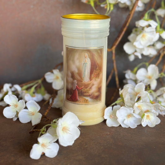 Lady of Lourdes Devotional Candle – Healing, Peace & Divine Intercession