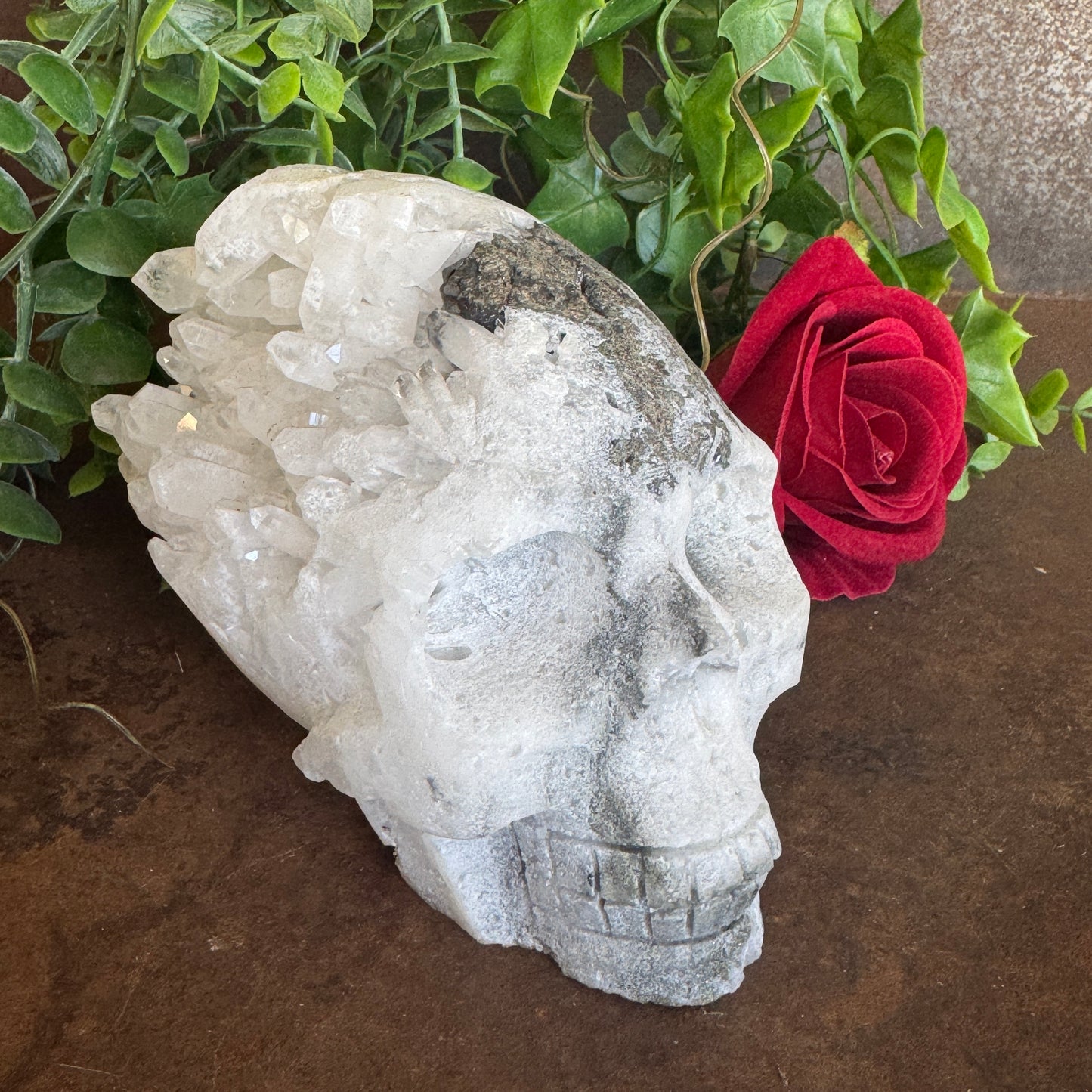 Clear Quartz Skull with Pyrite – Spiritual Healing, Protection & Abundance (1220g One-of-a-Kind)