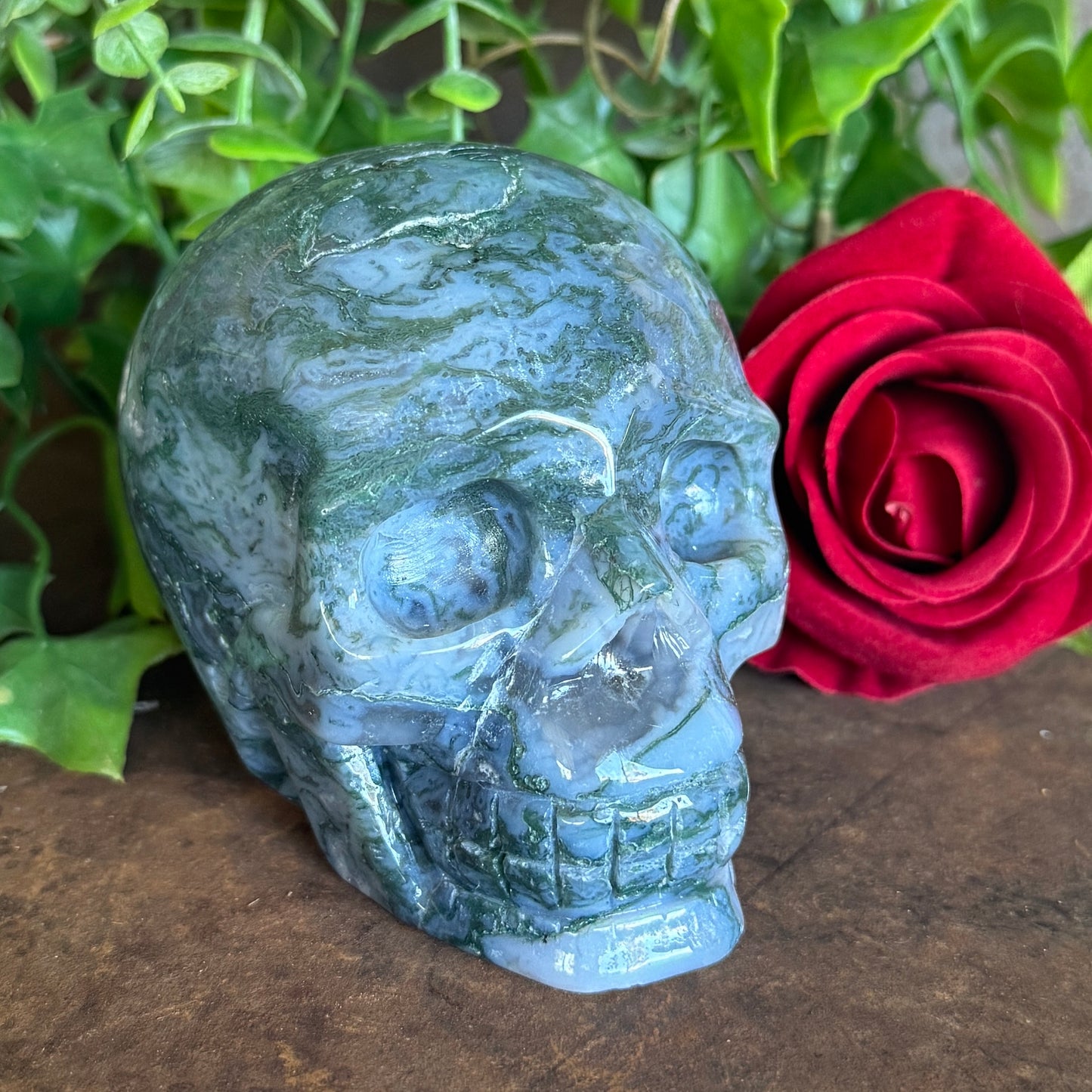 Blue Moss Agate Skull – Crystal Skull for Emotional Balance, Abundance & Spiritual Growth