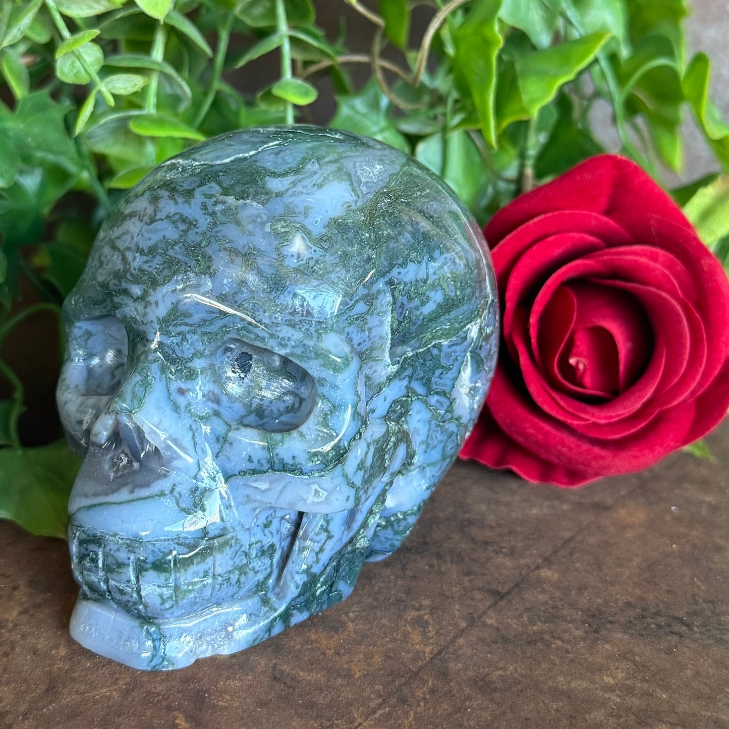 Blue Moss Agate Skull – Crystal Skull for Emotional Balance, Abundance & Spiritual Growth