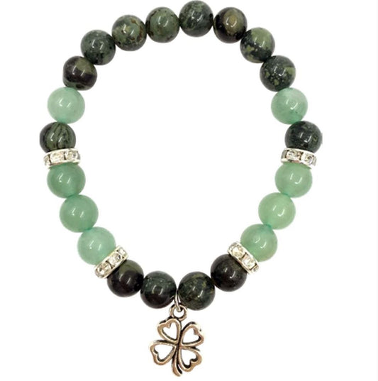 Kambaba Jasper & Green Aventurine Bracelet with Four Leaf Clover Charm – Luck, Prosperity & Emotional Healing