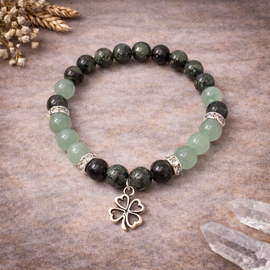 Kambaba Jasper & Green Aventurine Bracelet with Four Leaf Clover Charm – Luck, Prosperity & Emotional Healing