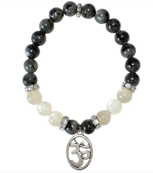 Labradorite & Rainbow Moonstone Crystal Bracelet 8mm with OM Charm