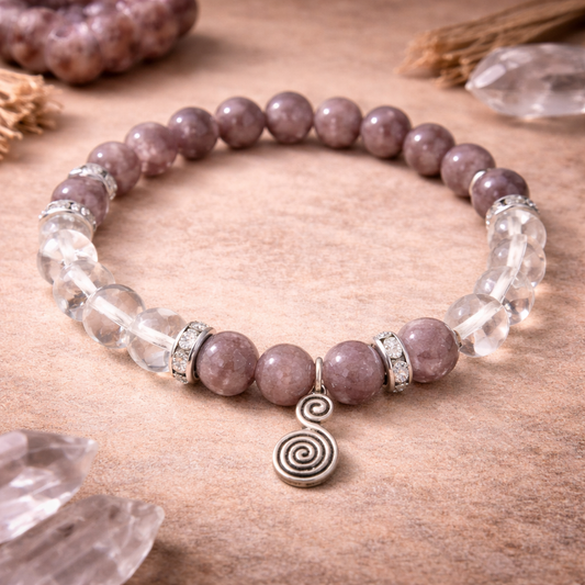 Lepidolite & Clear Quartz Bracelet with Double Spiral Charm – 8mm