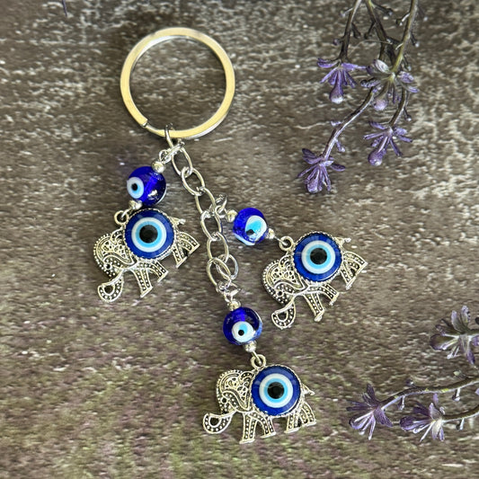 Lucky Elephants with Evil Eye Keychain – Triple Protection, Good Luck & Energy