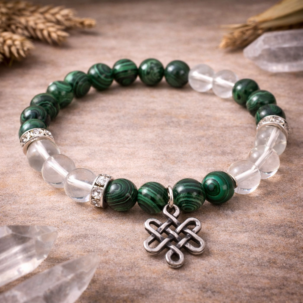 Malachite & Clear Quartz Crystal Bracelet with Celtic Knot Charm