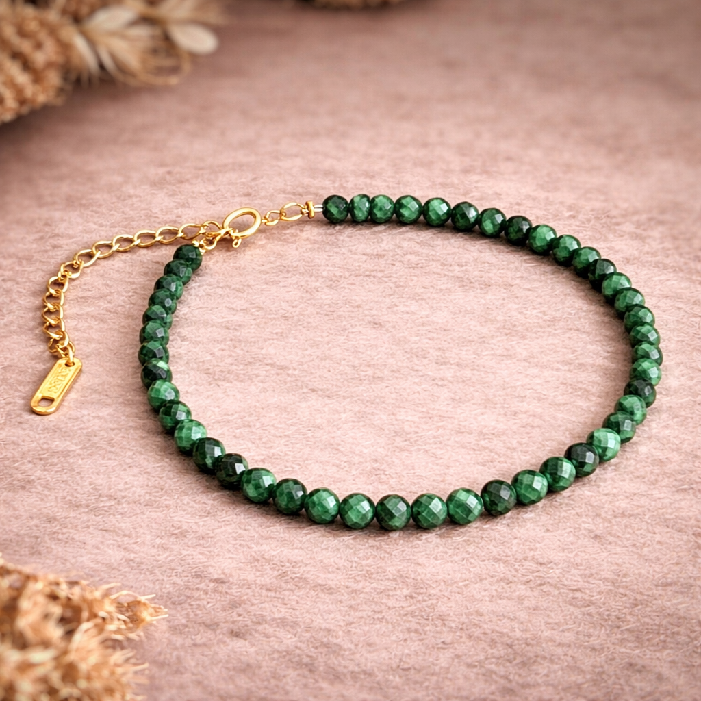 Malachite Faceted Crystal Bracelet 4mm with Adjustable Chain – Protection, Healing & Transformation