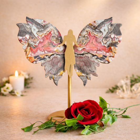 Mexican Agate Crystal Wings on Angel Stand – Grounding, Joy & Divine Protection