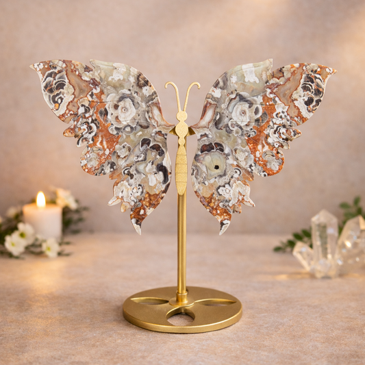 Money Agate Crystal Wings on Butterfly Stand – Abundance, Protection & Spiritual Growth