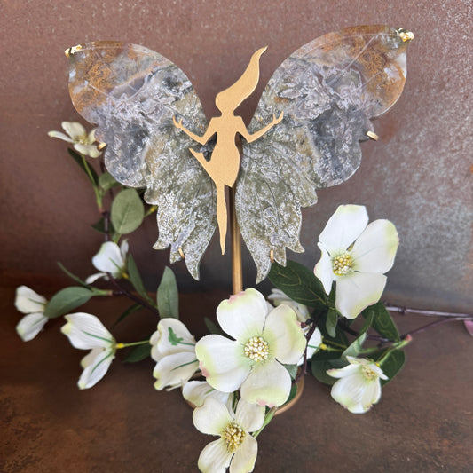 Moss Agate Crystal Wings on Dancing Goddess Stand – A Powerful Crystal Ornament for Grounding, Healing & Spiritual Awakening