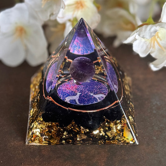 Mystic Balance Orgonite Pyramid – Amethyst & Obsidian Power | Spiritual Healing, Energy Protection & Balance