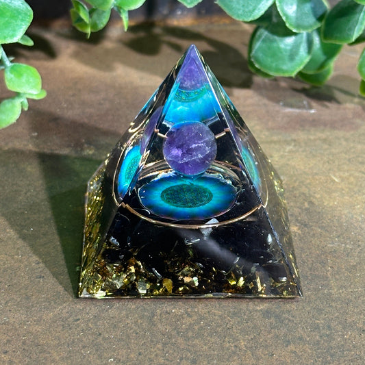 Orgonite Pyramid with Amethyst, Black Obsidian, Copper Ring & Flower of Life - Spiritual Protection, Energy Cleansing & Emotional Healing