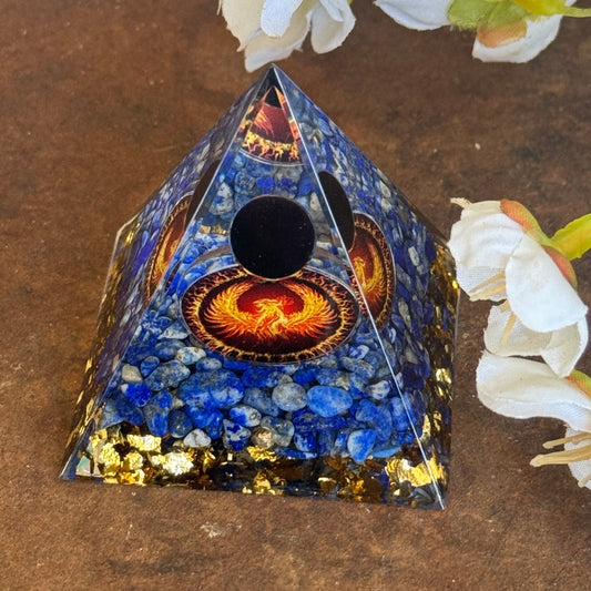Orgonite Pyramid with Lapis Lazuli, Black Obsidian & Phoenix Symbol – Spiritual Protection, Renewal & Healing