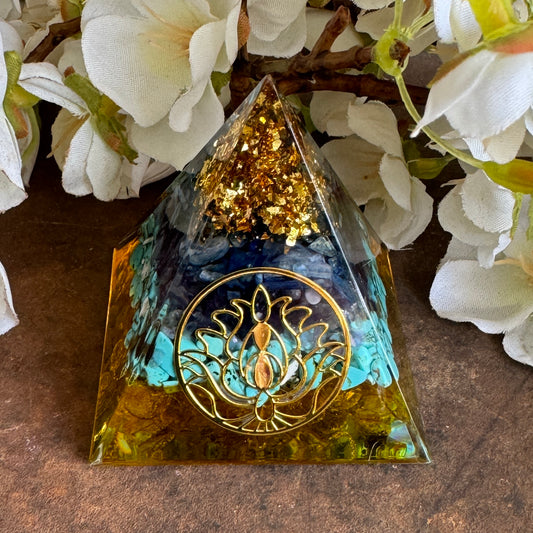 Orgonite Pyramid with Lotus Symbol – Citrine, Turquoise, Amethyst & Kyanite