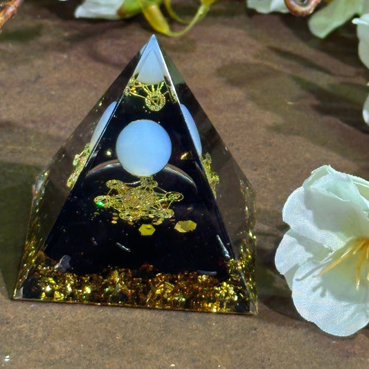 Orgonite Pyramid with Opalite, Black Obsidian & Merkabah Symbol - Emotional Healing, Spiritual Protection & Ascension