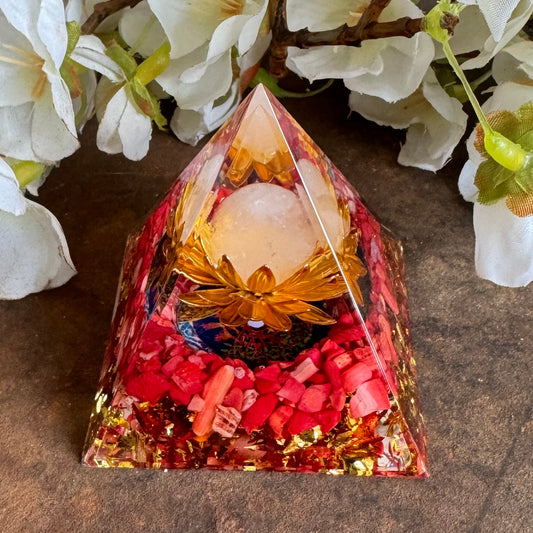 Orgonite Pyramid with Red Jasper, Clear Quartz Sphere & Lotus Blossom Petals - Grounding, Clarity & Spiritual Growth
