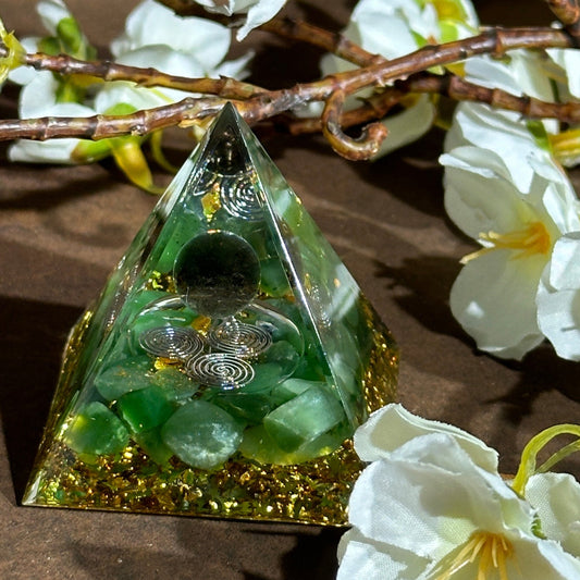 Orgonite Pyramid with Smoky Quartz & Green Aventurine with Triskelion Symbol – Grounding, Abundance & Spiritual Protection