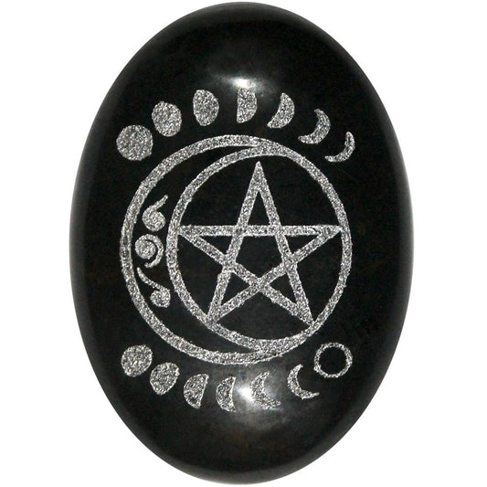 Black Tourmaline Pentacle Moon Engraved - Palm Stone