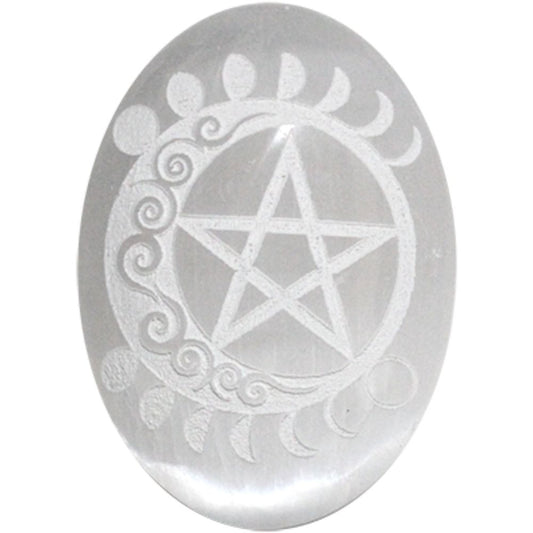 Selenite Pentacle Moon Engraved - PALM STONE