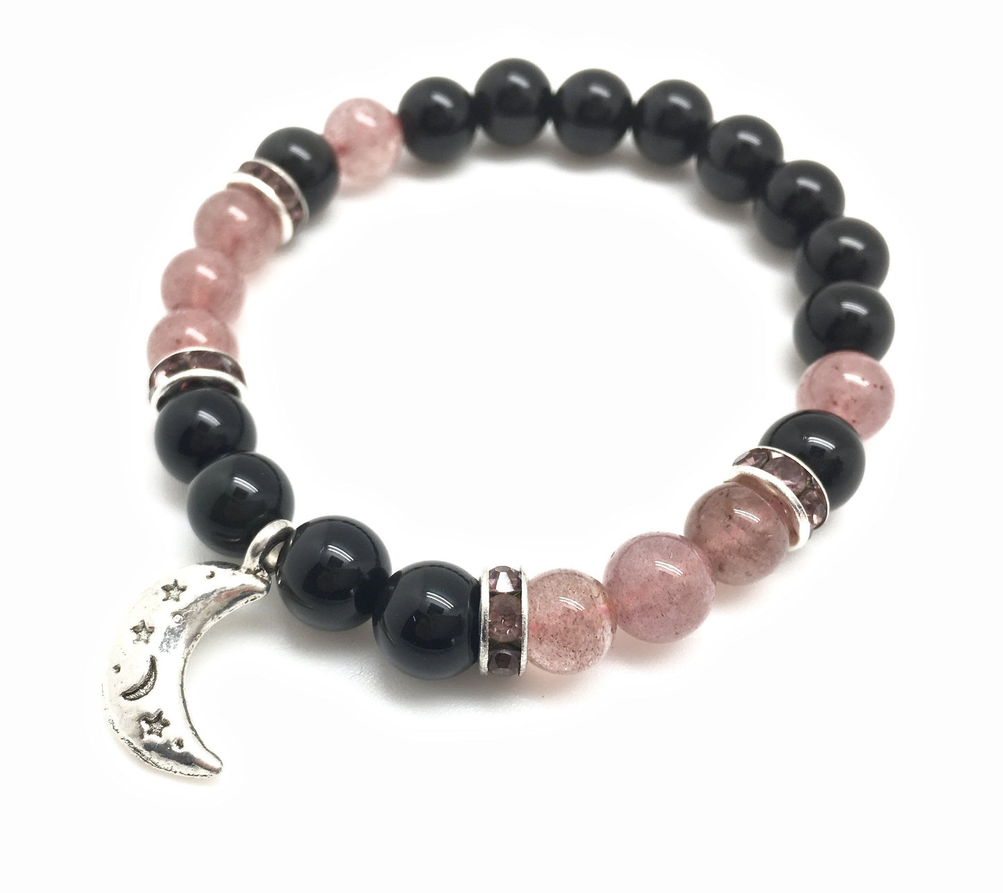 Rainbow Obsidian & Strawberry Quartz Bracelet 8mm with Moon Charm