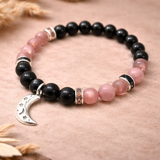 Rainbow Obsidian & Strawberry Quartz Bracelet 8mm with Moon Charm
