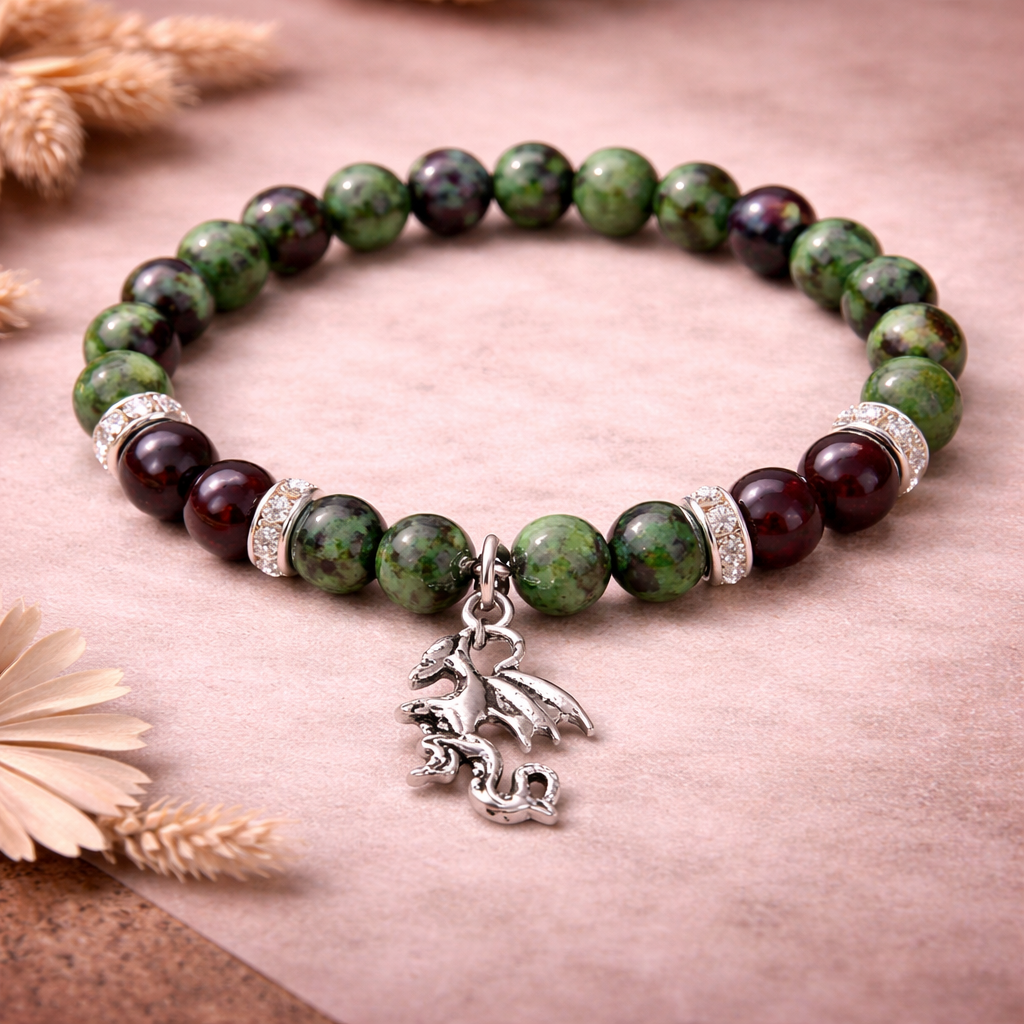Ruby Zoisite & Ruby Crystal Bracelet with Dragon Charm – 8mm Beads