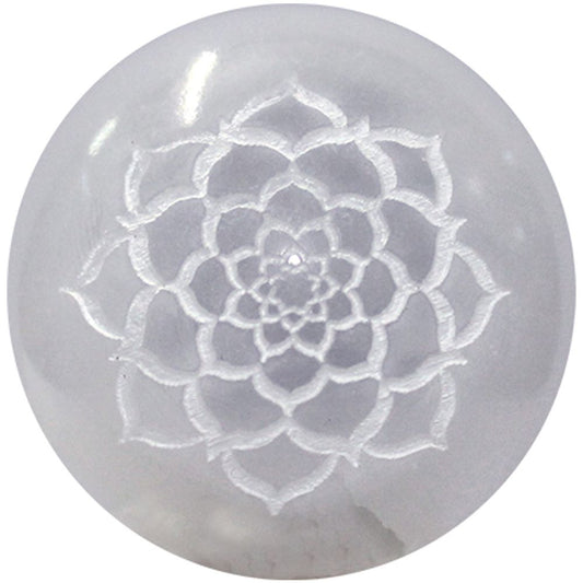 Selenite Sphere engraved with the Lotus of Life- 5cm